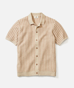 Flat lay of Graham Sweater Button Down in taupe showing full front, buttons, collar, and ribbed texture