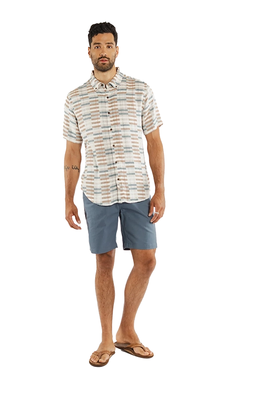 Model Wearing Bridge & Burn Grant Slim shirt in Manzanita Pattern, Front view