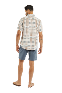 Model Wearing Bridge & Burn Grant Slim shirt in Manzanita Pattern, rear view