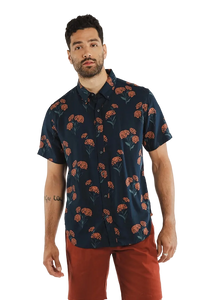 Bridge & Burn Grant Slim Shirt Wildflower Navy – three-quarter front view on model wearing men's navy wildflower modal button-down shirt