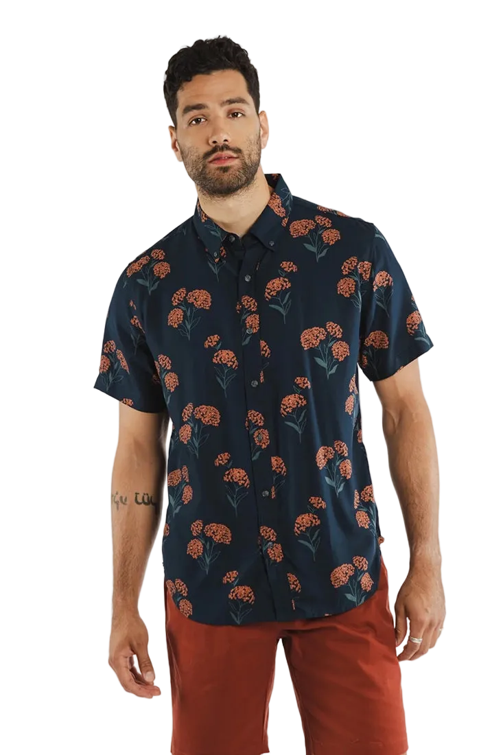 Bridge & Burn Grant Slim Shirt Wildflower Navy – three-quarter front view on model wearing men's navy wildflower modal button-down shirt