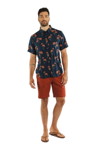 Bridge & Burn Grant Slim Shirt Wildflower Navy – full length front view on model showing men's slim fit floral modal short sleeve shirt