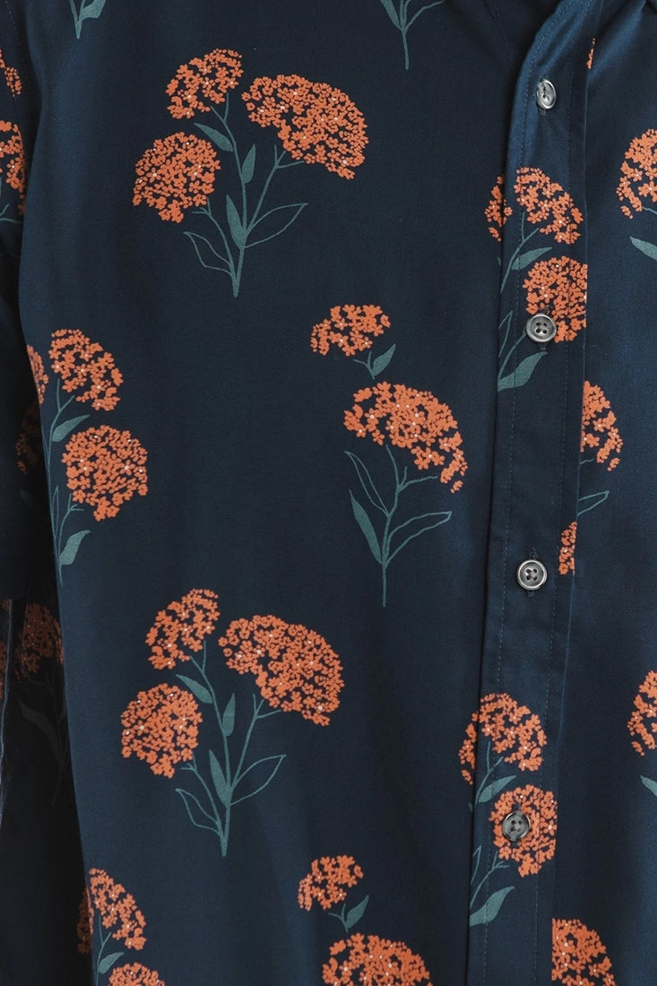 ridge & Burn Grant Slim Shirt Wildflower Navy – close-up of rust orange wildflower print on navy modal fabric with button placket detail