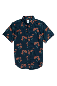 Bridge & Burn Grant Slim Shirt Wildflower Navy flat lay – men's 100% modal slim fit floral short sleeve button down with button-down collar