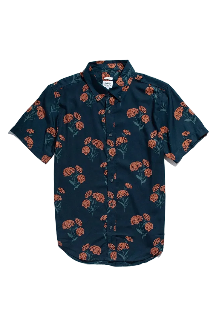 Bridge & Burn Grant Slim Shirt Wildflower Navy flat lay – men's 100% modal slim fit floral short sleeve button down with button-down collar