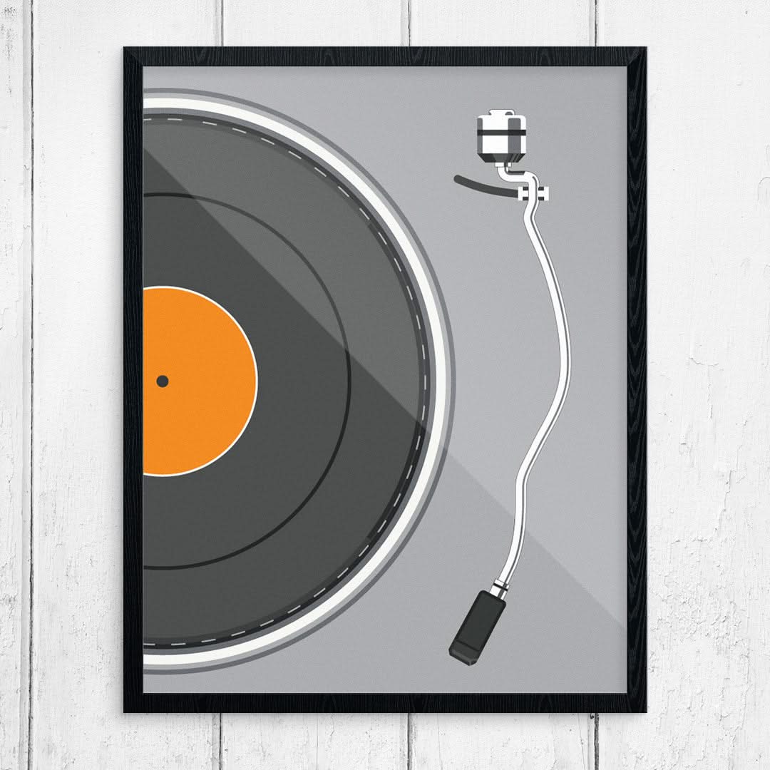 Framed grey LP turntable print with an orange record label, seen from above, 11x14, The Simple Man
