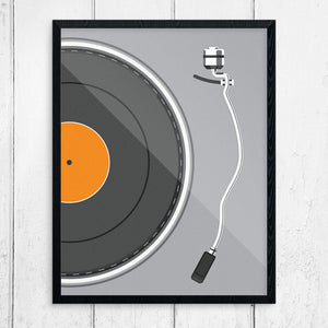 Framed grey LP turntable print with an orange record label, seen from above, 11x14, The Simple Man