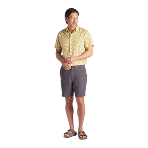 Model Wearing Grayers Linen Shorts in Charcoal, Front View