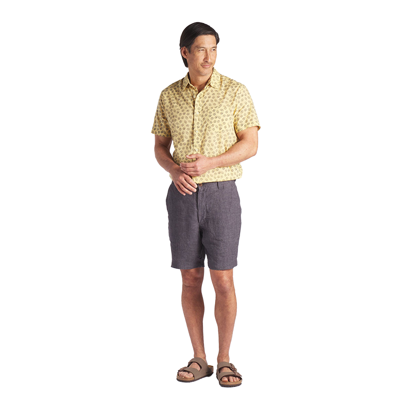 Model Wearing Grayers Linen Shorts in Charcoal, Front View