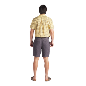 Model Wearing Grayers Linen Shorts in Charcoal, rear View