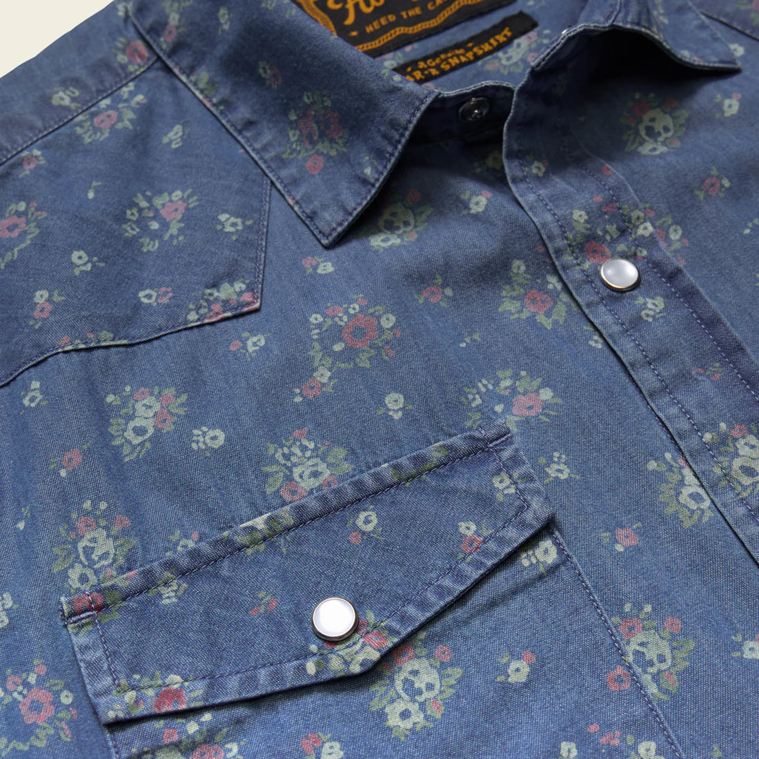 Howler Brothers H Bar B Snapshirt Bouquets Indigo chambray pearl snap close up
