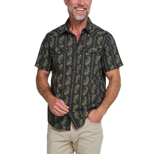 Man smiling wearing the black and olive floral stripe Grampa's Curtains H Bar B Snapshirt, short sleeve western pearl snap shirt, front view -- The Simple Man