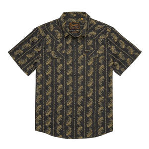 Grampa's Curtains H Bar B Snapshirt laid flat, black and olive floral stripe print pearl snap western shirt, front view -- The Simple Man