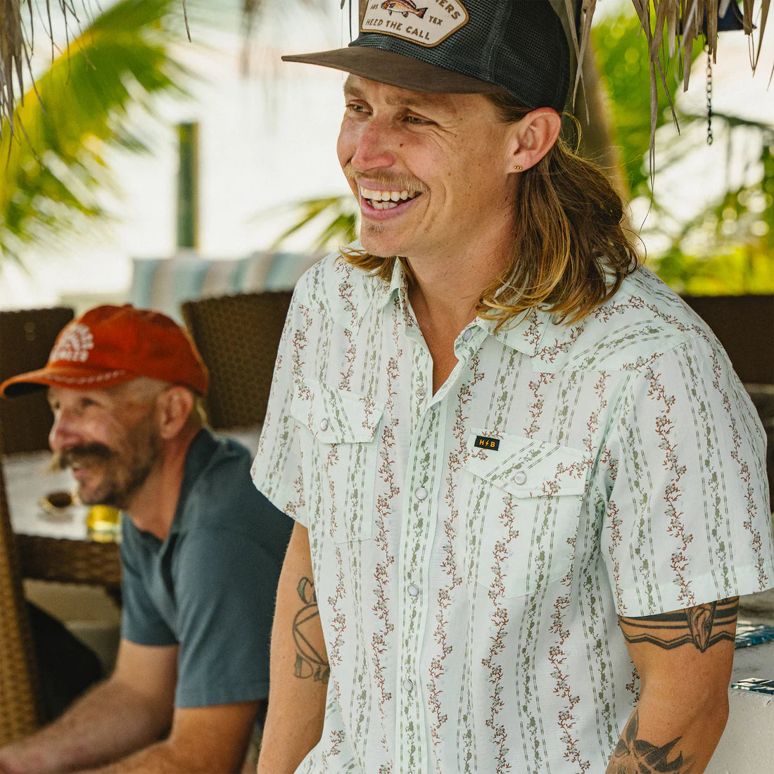 Man wearing Howler Brothers H Bar B Snapshirt Mint pearl snap shirt casual summer outfit