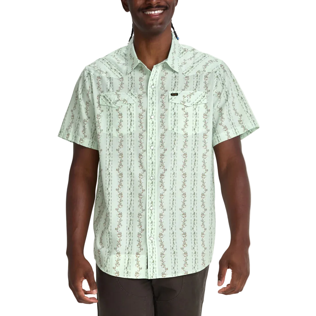 Howler Brothers H Bar B Snapshirt Hibiscus Ribbons Mint men's pearl snap short sleeve shirt front view