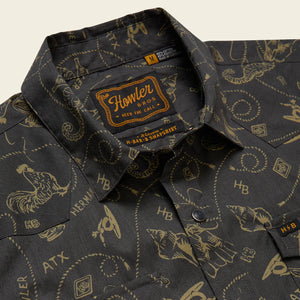 Howler Bros H Bar B Snapshirt collar and snap detail close-up – Sea Rodeo print pearl snaps western yoke Howler Bros Heed the Call label