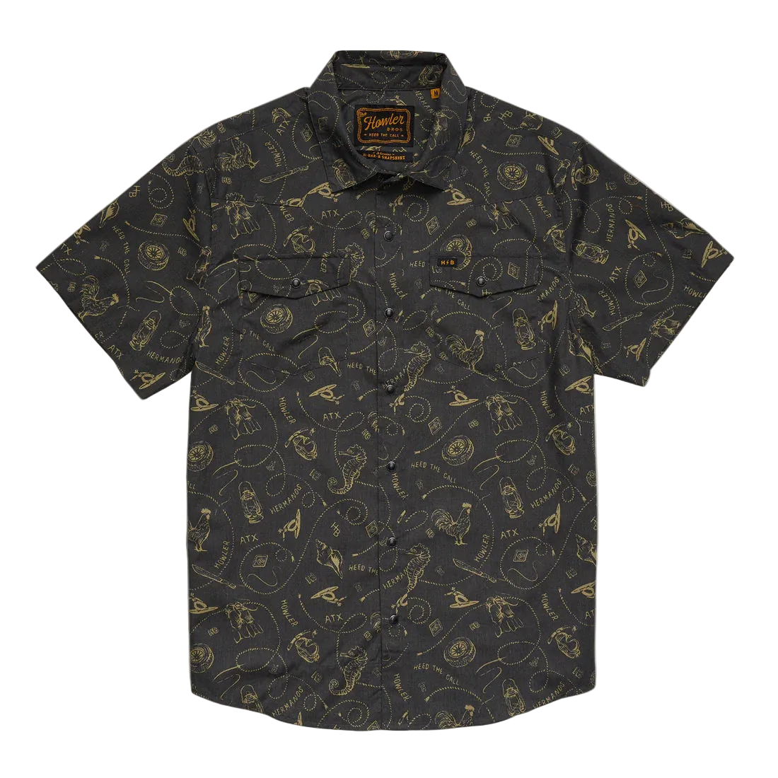 Howler Bros H Bar B Snapshirt Sea Rodeo flat lay – charcoal gold all-over western print pearl snap short sleeve shirt cotton blend regular fit