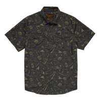 Howler Bros H Bar B Snapshirt Sea Rodeo flat lay – charcoal gold all-over western print pearl snap short sleeve shirt cotton blend regular fit