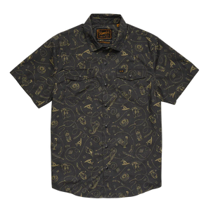 Howler Bros H Bar B Snapshirt Sea Rodeo flat lay – charcoal gold all-over western print pearl snap short sleeve shirt cotton blend regular fit