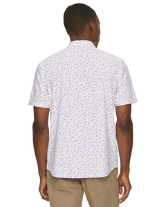 Model Wearing Flag & Anthem Journey shirt in Americana Pattern, rear view
