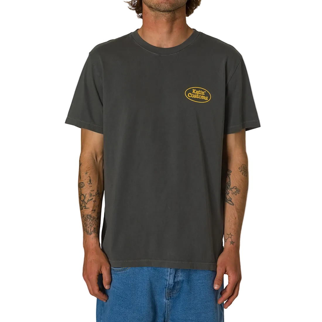 Haulin organic cotton tee Lead front view – faded black with Katin Customs chest badge – The Simple Man