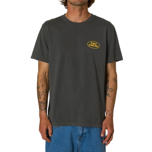 Haulin organic cotton tee Lead front view – faded black with Katin Customs chest badge – The Simple Man