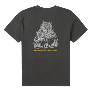 Haulin graphic tee flat lay back – washed organic cotton surf van print in Lead – The Simple Man