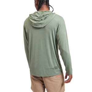 Model Wearing Howler Brothers HB Tech Hoodie in Agave Color, rear View