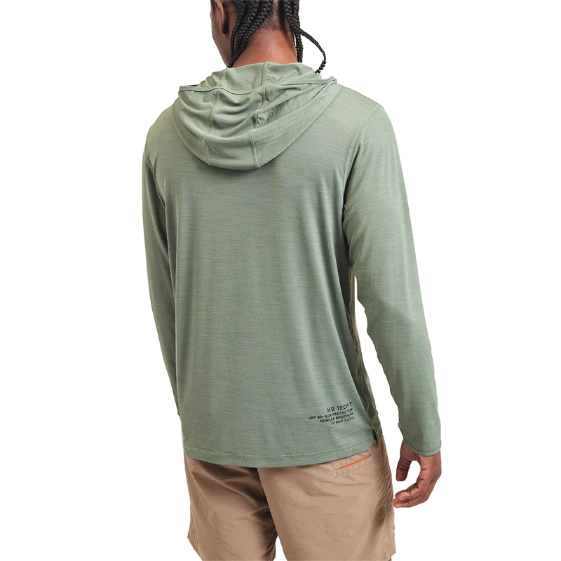 Model Wearing Howler Brothers HB Tech Hoodie in Agave Color, rear View