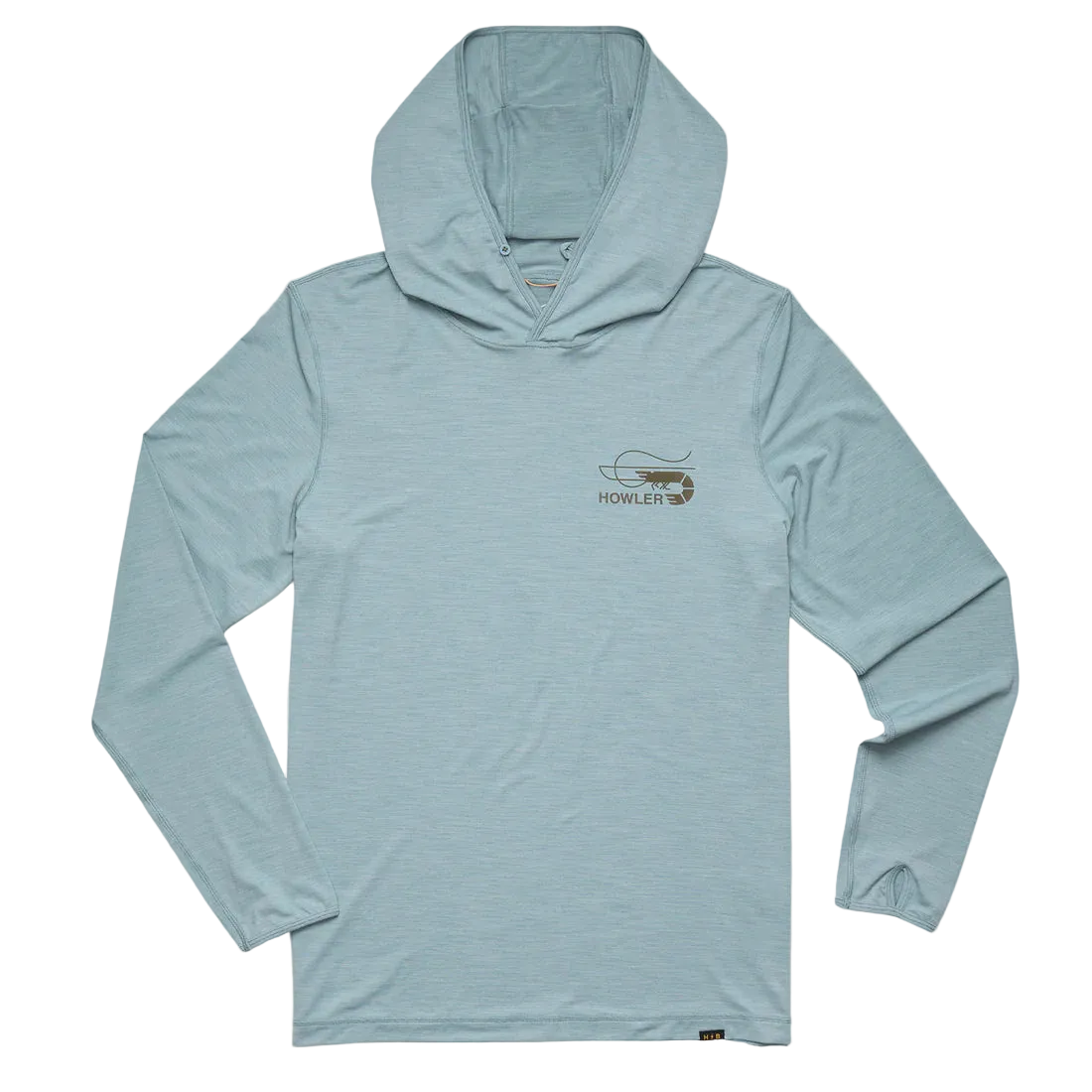 Howler Bros HB Tech Hoodie pool blue flat lay – UPF 50+ 85% recycled polyester 15% spandex lightweight sun hoodie thumb holes button hood