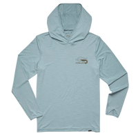 Howler Bros HB Tech Hoodie pool blue flat lay – UPF 50+ 85% recycled polyester 15% spandex lightweight sun hoodie thumb holes button hood