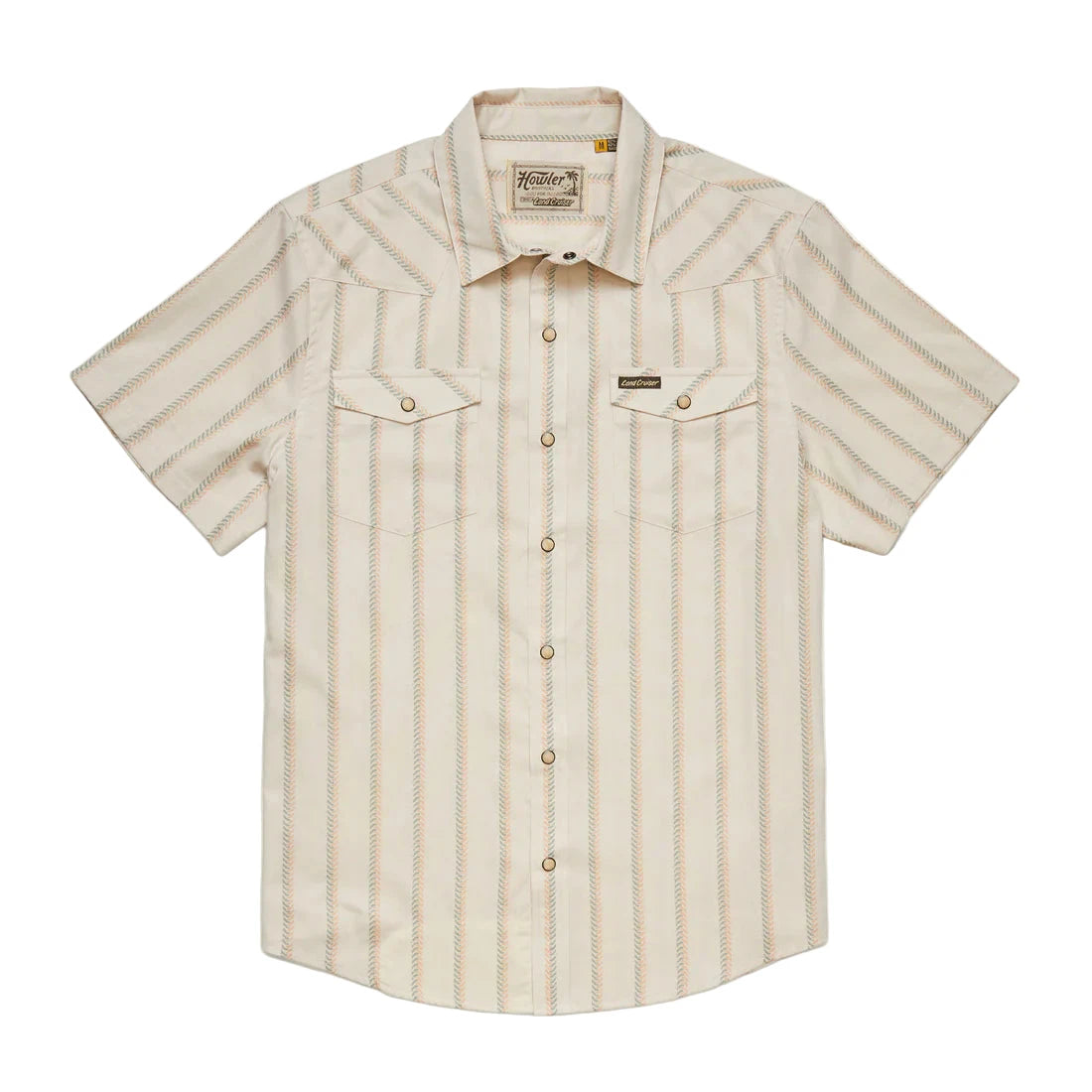 Front view of Howler Brothers Land Cruiser short-sleeve pearl snap shirt with western-style yoke and striped fabric