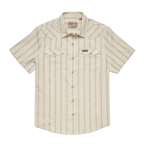 Front view of Howler Brothers Land Cruiser short-sleeve pearl snap shirt with western-style yoke and striped fabric