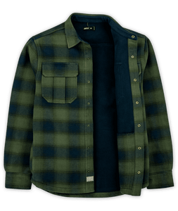 Jetty Hull Shirt Jacket in Army Green Vintage – Open view showing fleece lining and snap-button closure – The Simple Man