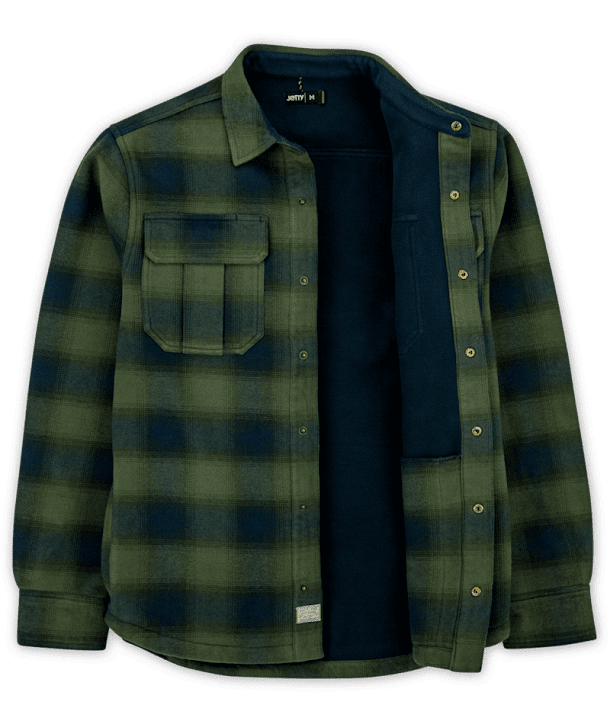 Jetty Hull Shirt Jacket in Army Green Vintage – Open view showing fleece lining and snap-button closure – The Simple Man