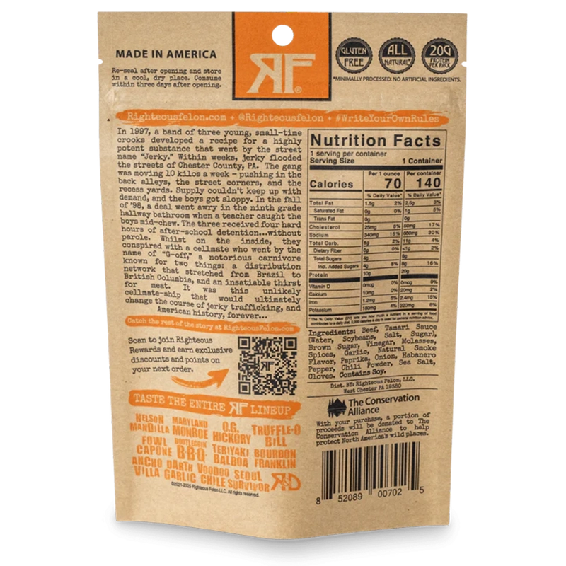 Righteous Felon Habanero Escobar Beef Jerky in 2oz Pouch, Rear View