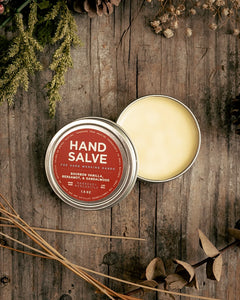 Open tin of men’s hand salve with natural beeswax formula for dry, hard working hands