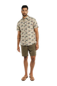 Model Wearing Bridge & Burn Harbor Slim Shirt in Aloha Floral Pattern, front  View