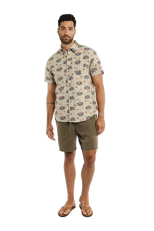 Model Wearing Bridge & Burn Harbor Slim Shirt in Aloha Floral Pattern, front  View