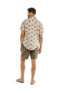 Model Wearing Bridge & Burn Harbor Slim Shirt in Aloha Floral Pattern, rear View