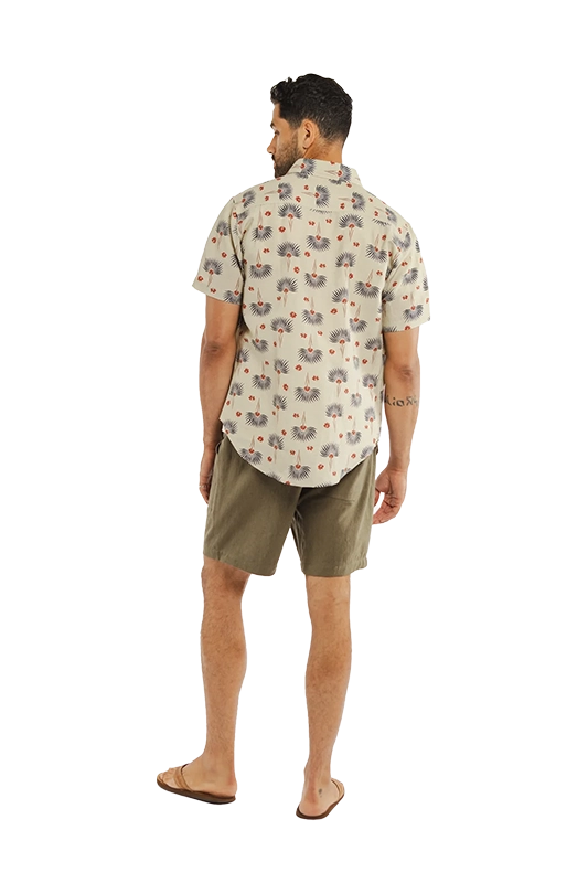 Model Wearing Bridge & Burn Harbor Slim Shirt in Aloha Floral Pattern, rear View