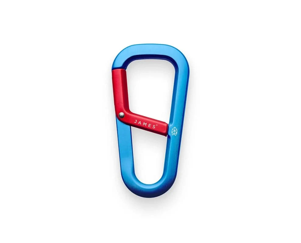Dual-tone red and blue forged aluminum carabiner with spring-loaded latch, from The James Brand at The Simple Man
