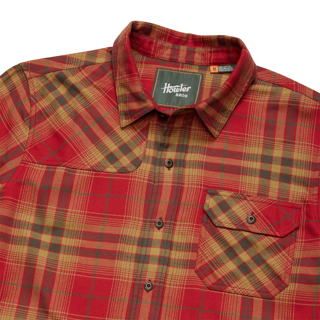 Collar, Howler Bros neck label and metal-button flap pocket on the Brick Harker's Flannel, detail view, The Simple Man