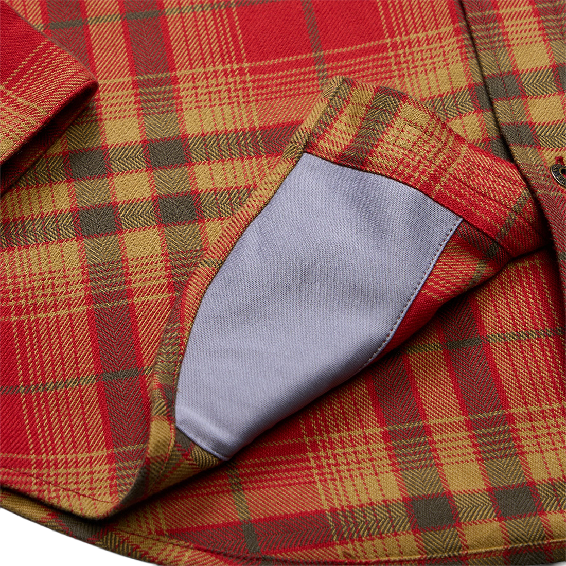 Sunglass cleaning microfiber panel inside the hem of the Brick Harker's Flannel, detail view, The Simple Man