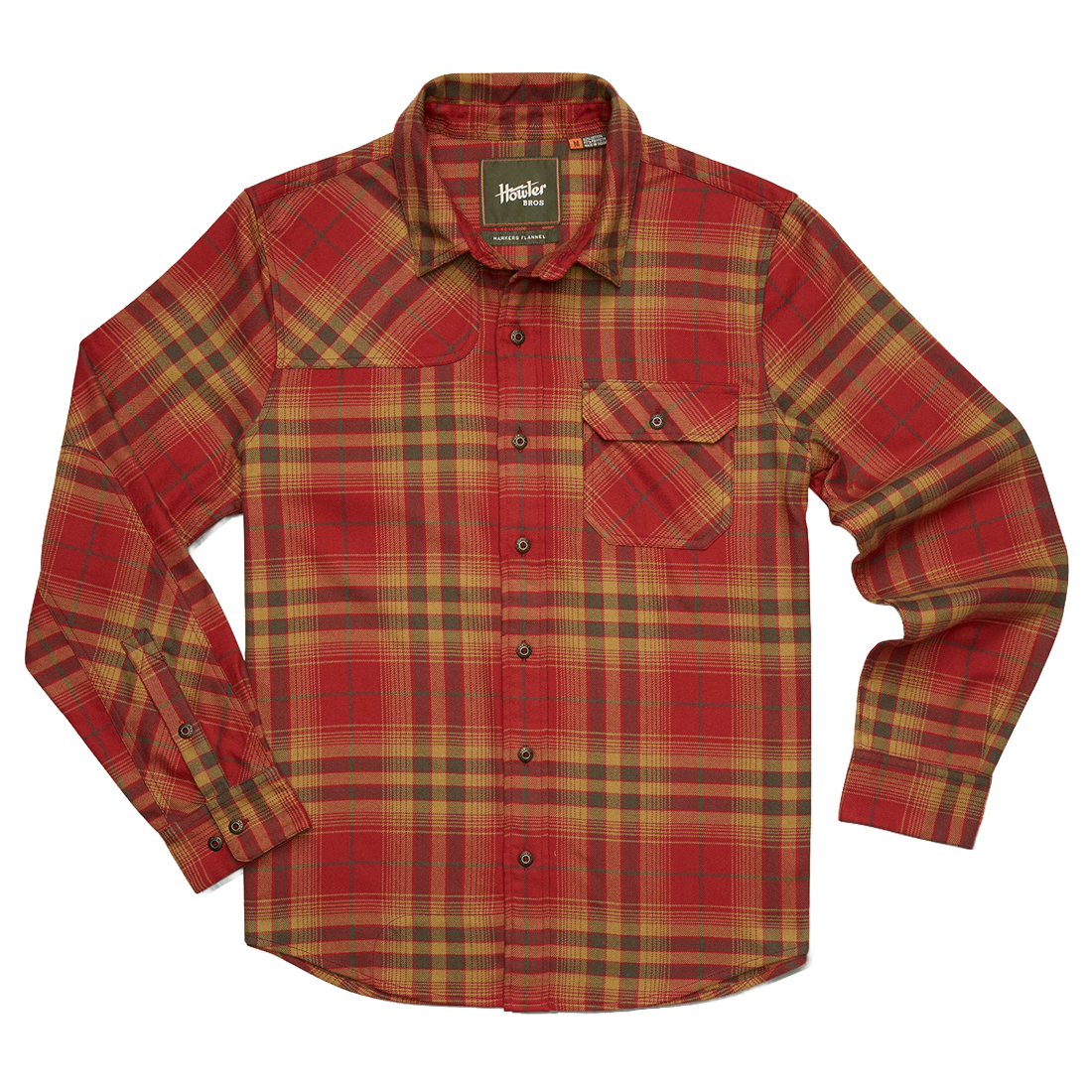 Brick red plaid Harker's Flannel with hunter's yoke and flap chest pocket, flat lay front view, The Simple Man
