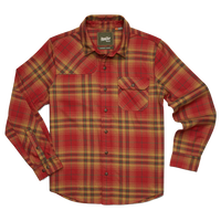 Brick red plaid Harker's Flannel with hunter's yoke and flap chest pocket, flat lay front view, The Simple Man