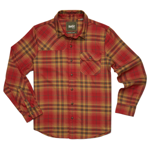 Brick red plaid Harker's Flannel with hunter's yoke and flap chest pocket, flat lay front view, The Simple Man