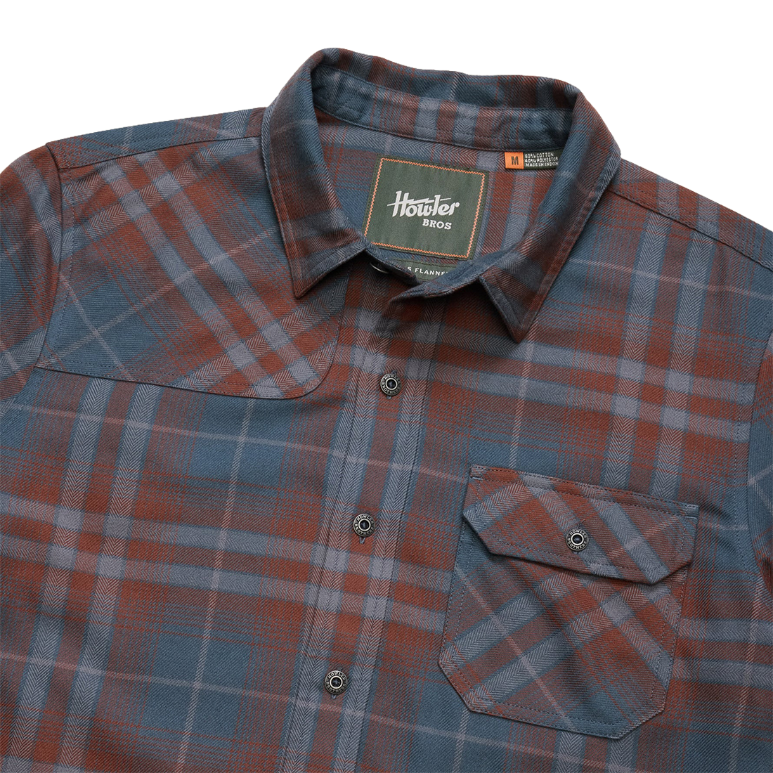 Collar and Howler Bros neck label detail on the Kempton Plaid Dark Slate Harker's Flannel, The Simple Man