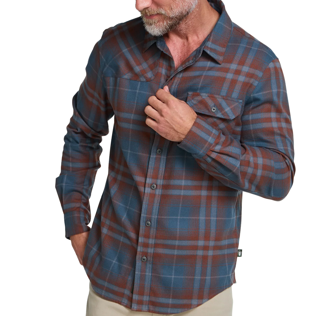 Man in the Kempton Plaid Dark Slate Harker's Flannel showing the button front and flap chest pocket, front view, The Simple Man