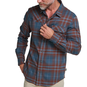 Man in the Kempton Plaid Dark Slate Harker's Flannel showing the button front and flap chest pocket, front view, The Simple Man
